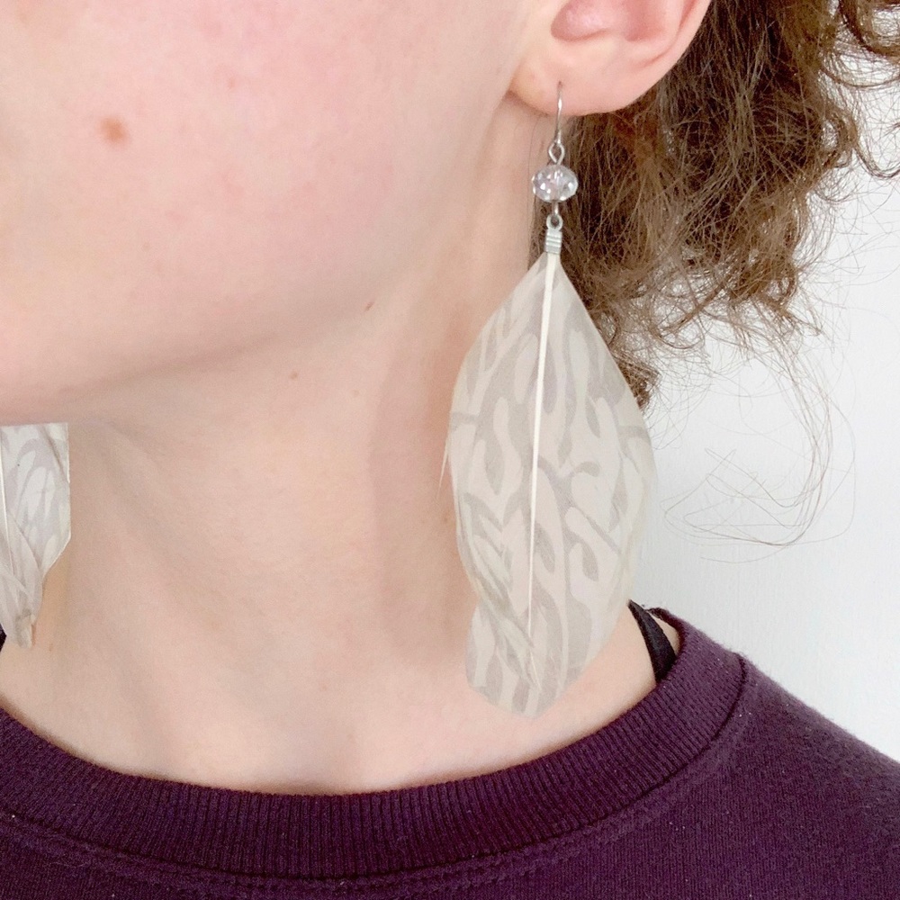 White gray beaded feather Y2K fairy bohemian hippie earrings festival Coachella